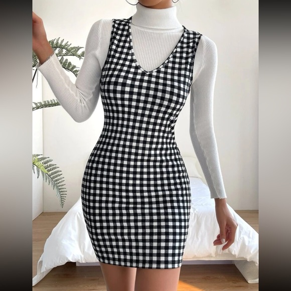 Classic Gingham Print Bodycon Fitted Pencil Dress Without Top Black White - Picture 3 of 4